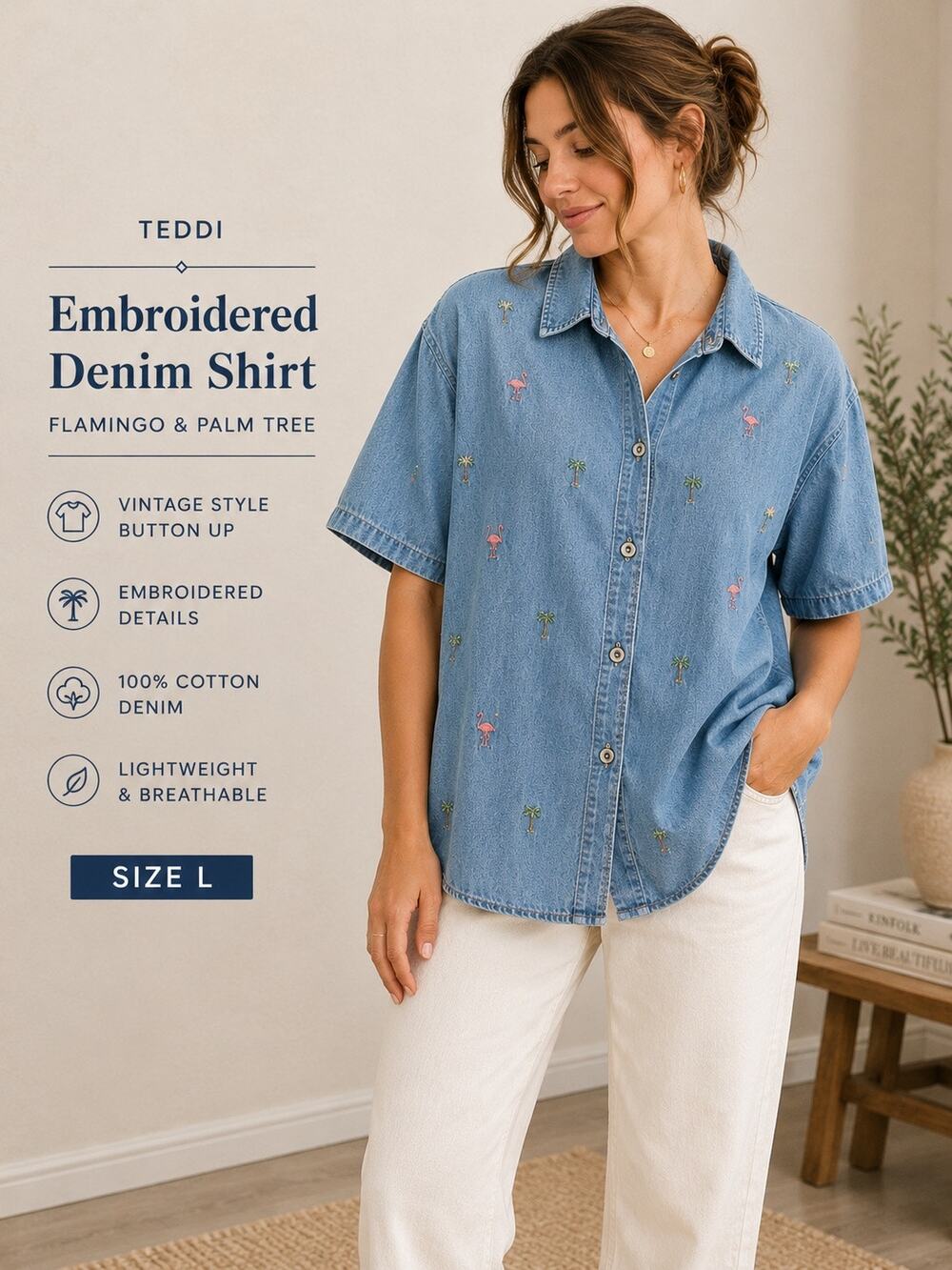 Vintage Teddi Embroidered Denim Shirt Flamingo Palm Tree Button Up